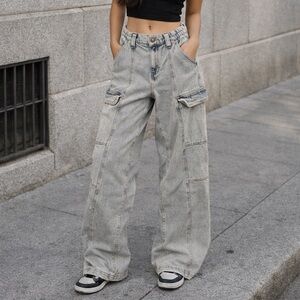 Pacsun Light Wash Wide-Leg Cargo Jeans for Women